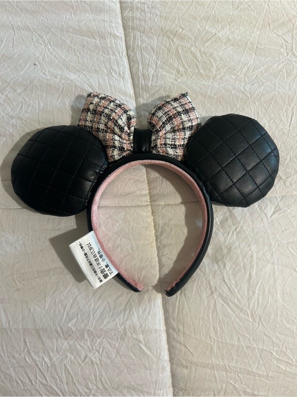 Disney Black Quilted Minnie Ears Headband with Pink Tweed Bow and Pearl Accents - Picture 2 of 3